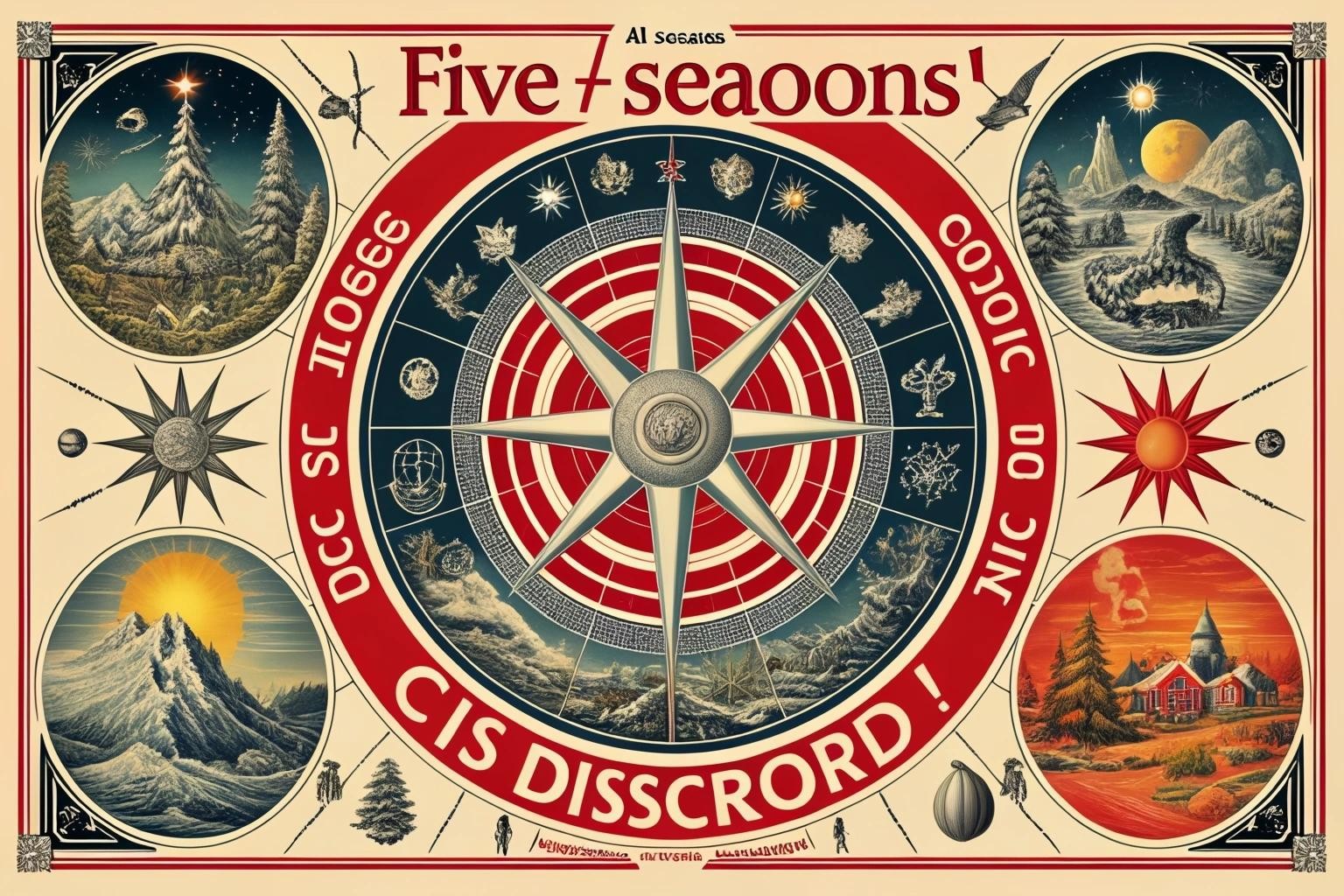 Image with seed 1669443591 generated via Stable Diffusion through @stablehorde@sigmoid.social. Prompt: kitsch poster of the Five Seasons: Chaos, Discord, Confusion, Bureaucracy, and The Aftermath. Hail Eris! All hail Discordia! #fnord #elektrodada 