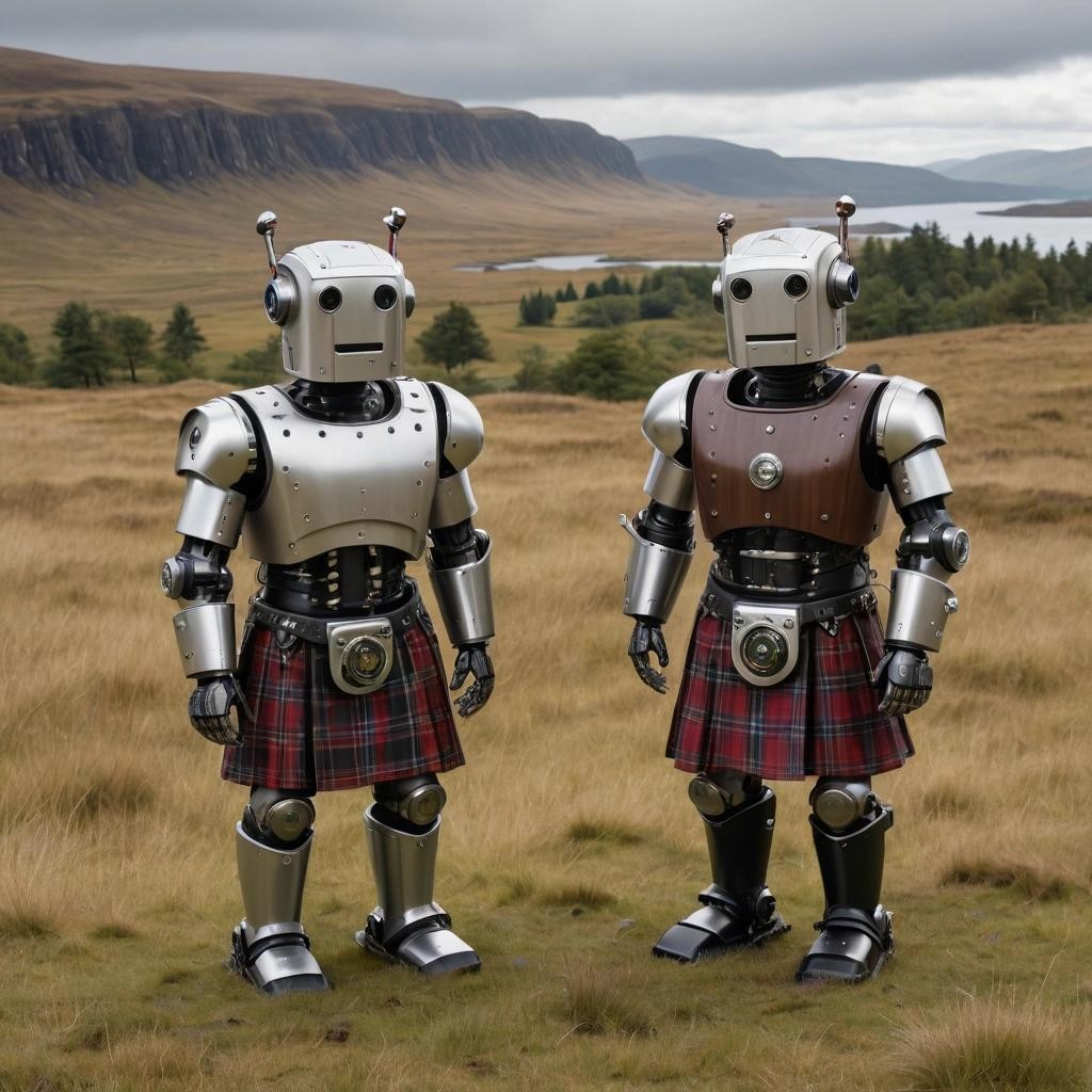 Image with seed 3059834714 generated via Stable Diffusion through @stablehorde@sigmoid.social. Prompt: Scottish robots wearing kilts in the Highlands 