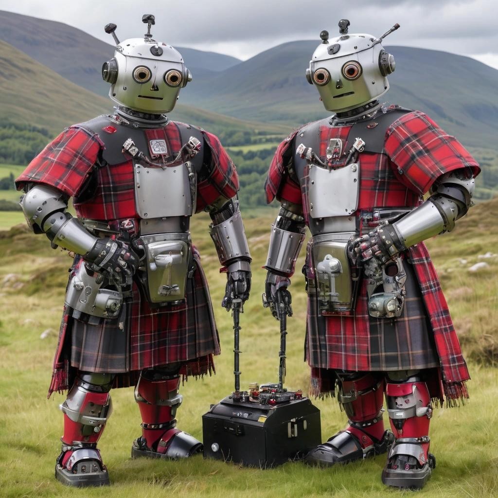 Image with seed 1649951251 generated via Stable Diffusion through @stablehorde@sigmoid.social. Prompt: Scottish robots wearing kilts in the Highlands