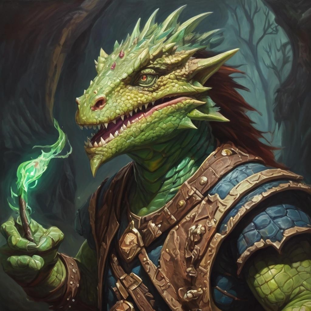 Image with seed 1485587916 generated via Stable Diffusion through @stablehorde@sigmoid.social. Prompt: a lizardman enchanter, fantasy, dungeons and dragons, oil on canvas