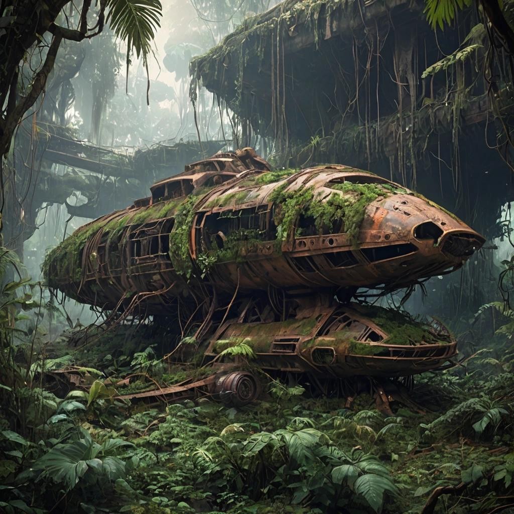 Image with seed 1775730912 generated via Stable Diffusion through @stablehorde@sigmoid.social. Prompt: Rusted alien spaceship wreck in the jungle overgrown with vines and vegetation fallen trees sci-fi steampunk