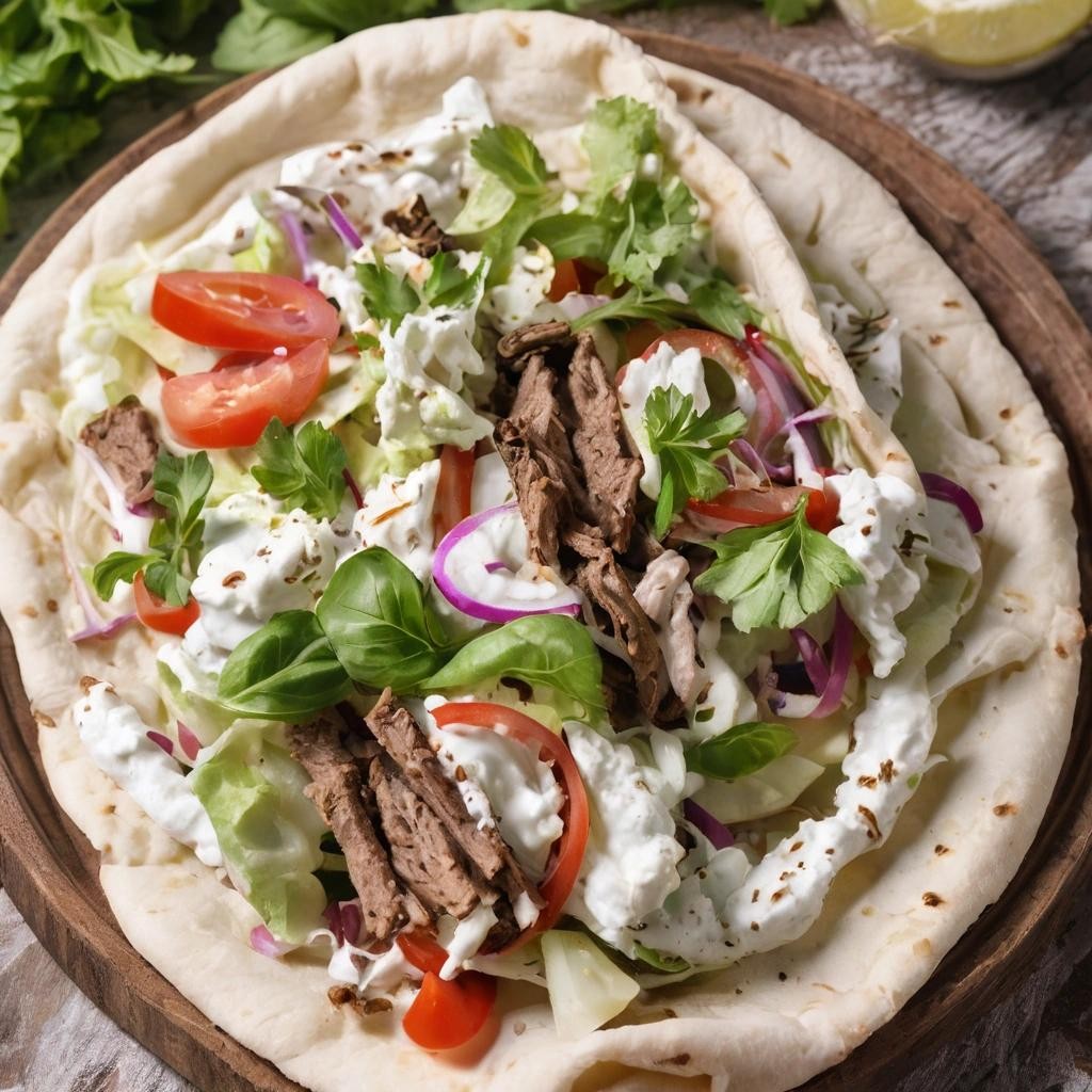 Image with seed 1325889678 generated via Stable Diffusion through @stablehorde@sigmoid.social. Prompt: Eine Gyros Pita mit Krautsalat und Tzatziki, keine Zwiebeln, zum Mitnehmen