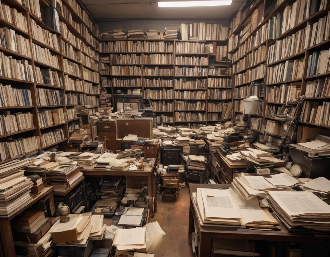 Image with seed 425370266 generated via Stable Diffusion through @stablehorde@sigmoid.social. Prompt: piles of documents surrounded by scientific instruments and automobile parts in a room filled with bookshelves full of books 