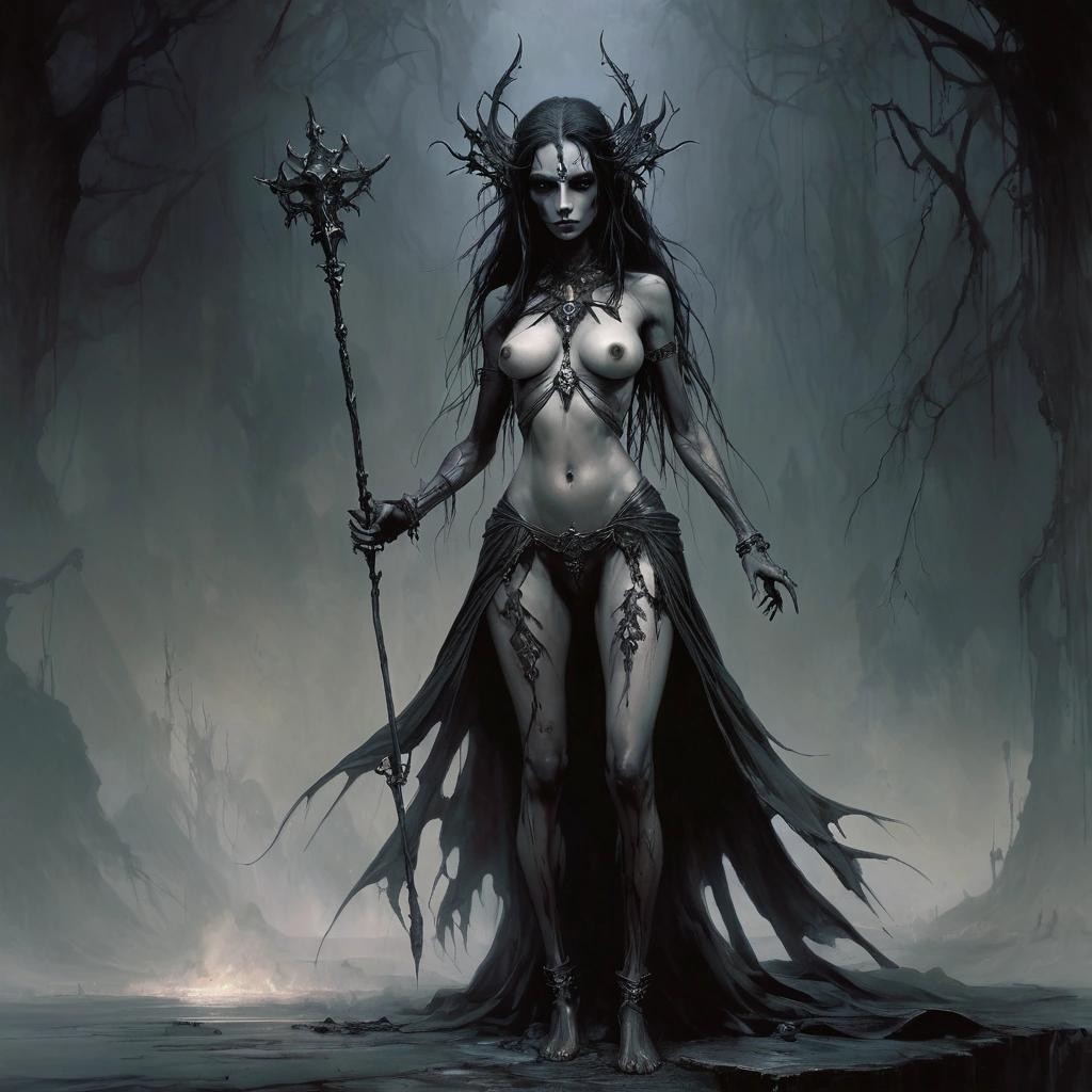 Image with seed 1225129801 generated via Stable Diffusion through @stablehorde@sigmoid.social. Prompt: Female Dark Elf black mana necromancer (full body). By Stephen Gammell, Luis Royo, Tom Bagshaw, Pino Daeni, Karol Bak