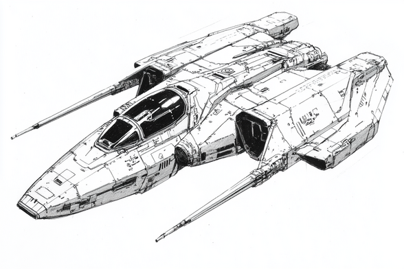3/4 view of a small space fighter with two long probes on either side of the nacelles