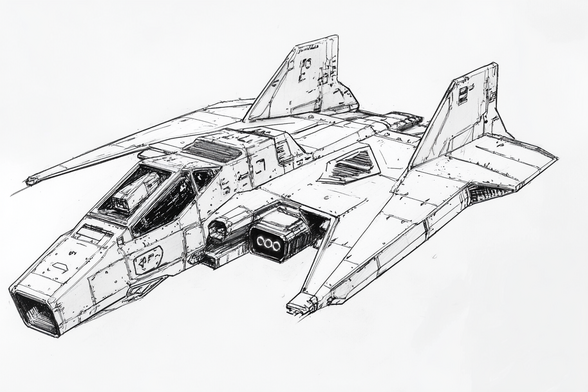 3/4 view of a small space fighter with forward-swept wings