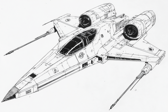 3/4 view of a streamlined space fighter outboard lasers and high-mounted engine pods