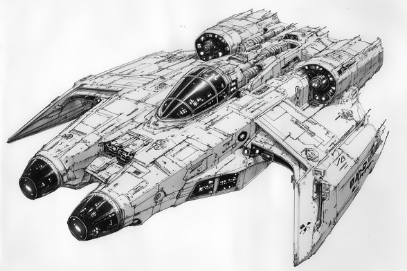 3/4 view of a chonky and somewhat wonky space fighter