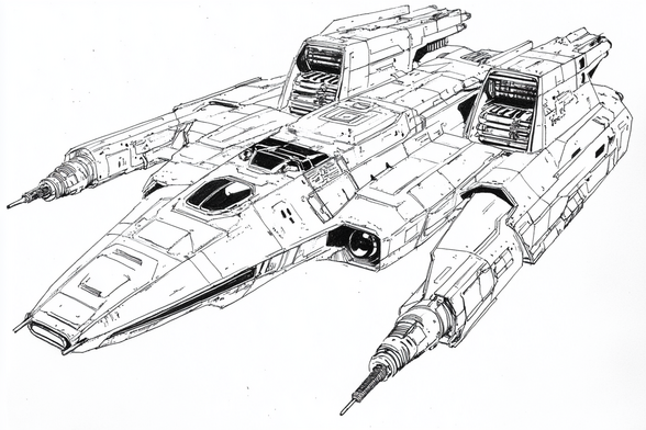 3/4 view of a space fighter which would have had a low profile if not for the huge engines/intakes/radiators mounted on the top rear of the fuselage