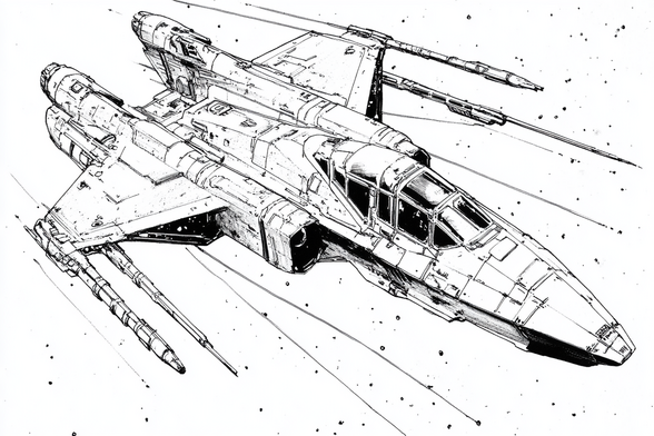 3/4 view of a space fighter which looks a lot like an air fighter but there's a starry background so idk. Also speed lines so you know it's fast