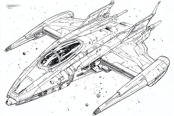 3/4 view of a small space fighter with straight leading egdes against a starfield background or possibly bits of rock