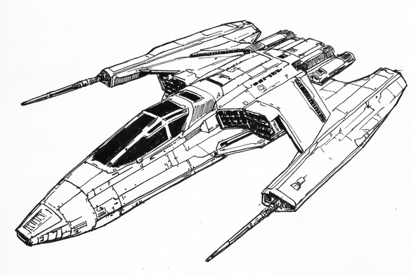 3/4 view of a small space fighter with engine pods mounted on down-swept struts