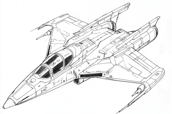 3/4 view of a streamlined space fighter which looks fairly terrestrial except for the lack of empennage and the asymmetric engine exhausts