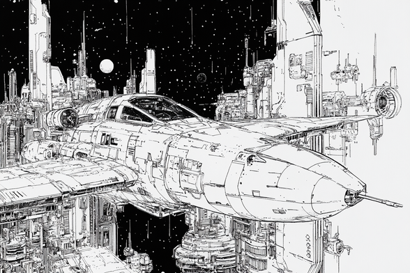 Close-up of a space fighter nosing its way through a space city (a city which is in space)