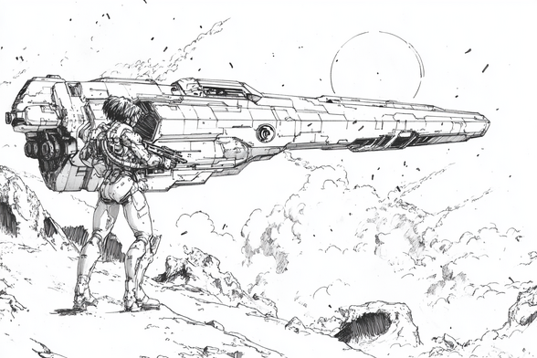 A space marine standing on a hillside as a pointy spaceship hovers in the background