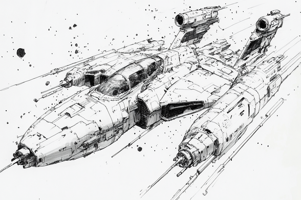 3/4 view of a fairly large space fighter which seems to be flaking in flight