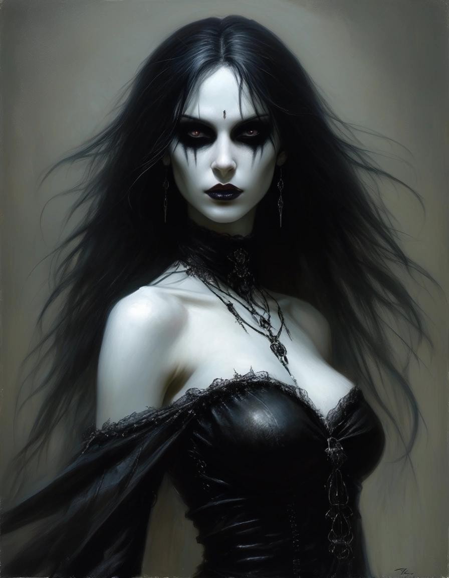 Image with seed 440264899 generated via Stable Diffusion through @stablehorde@sigmoid.social. Prompt: Female Dark Elf black mana necromancer (full body). By Stephen Gammell, Luis Royo, Tom Bagshaw, Pino Daeni, Karol Bak 