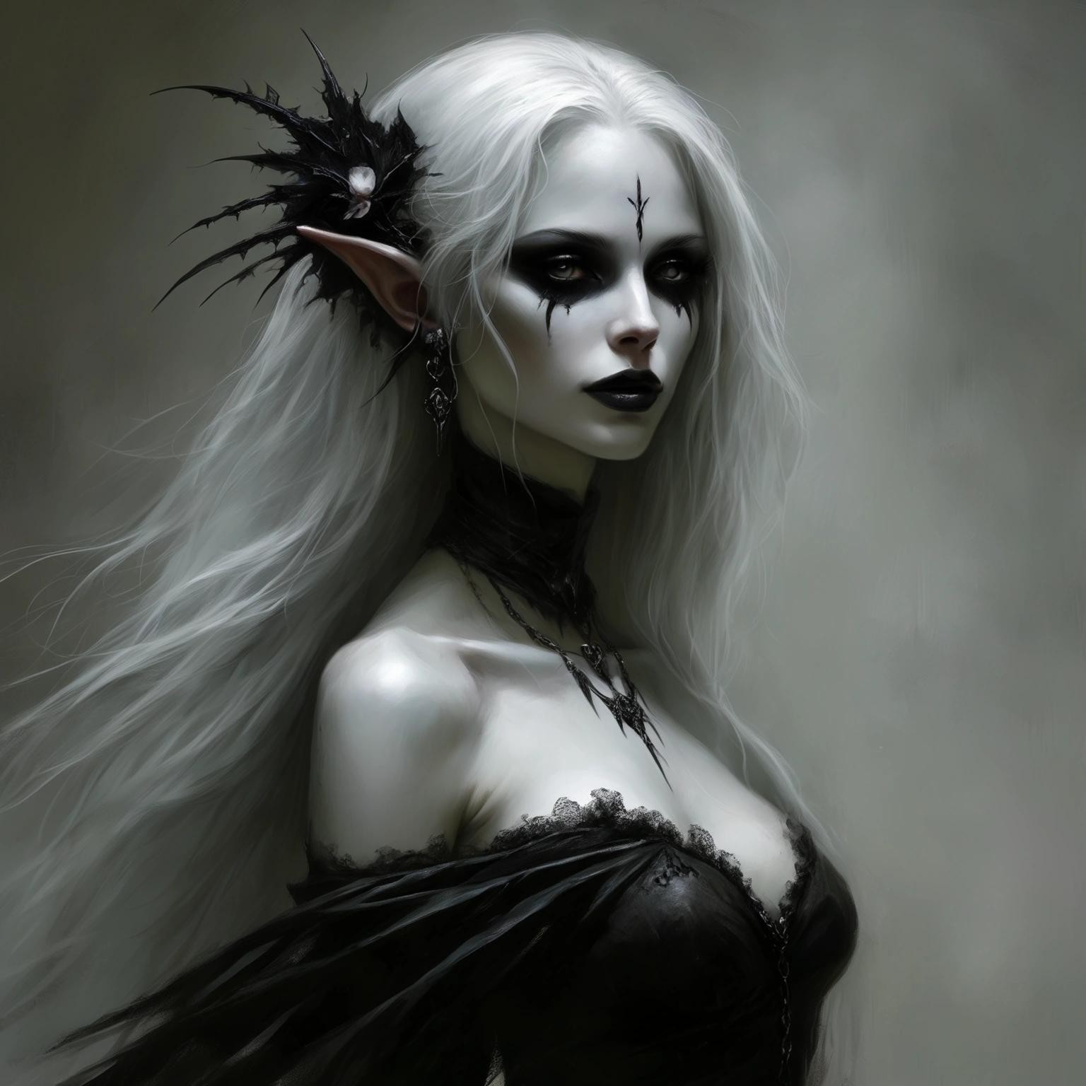 Image with seed 1393728899 generated via Stable Diffusion through @stablehorde@sigmoid.social. Prompt: Female Dark Elf black mana necromancer (full body). By Stephen Gammell, Luis Royo, Tom Bagshaw, Pino Daeni, Karol Bak 