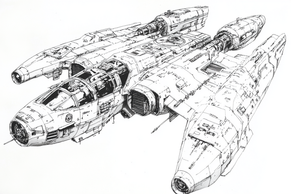 3/4 view of small spaceship with outboard and rear nacelles