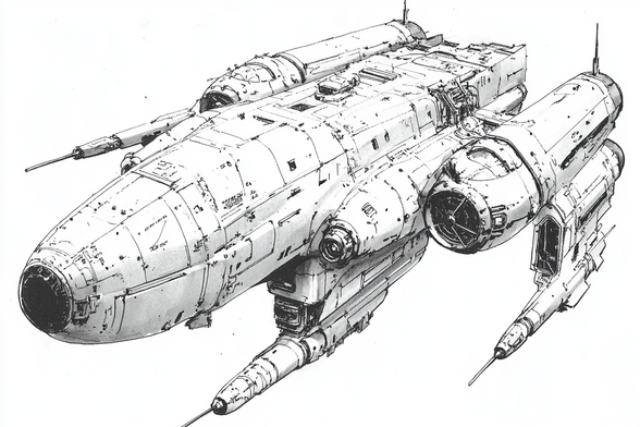 3/4 view of medium spaceship with menacing weapons or probes hanging from nacelles and nacelles