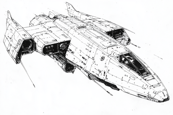 3/4 view of streamlined spaceship
