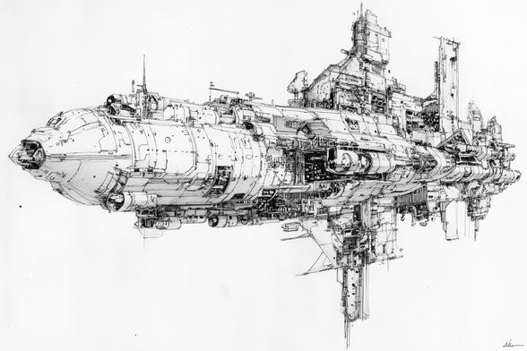3/4 view of a large cylindrical spaceship with many protrusions and fins