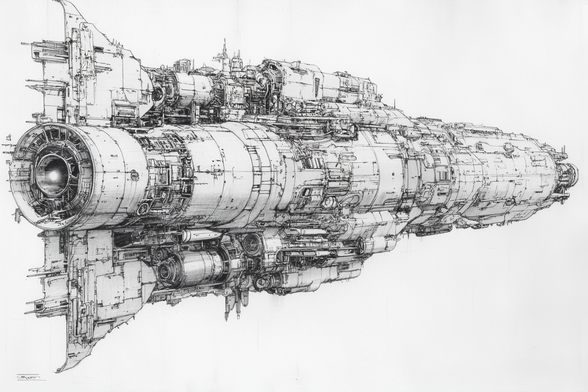 3/4 (rear) view of a large spaceship which is basically rocket shaped but has much pipes and scaffolding