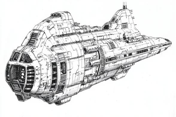 3/4 view of a kind of tubby submarine-shaped spaceship