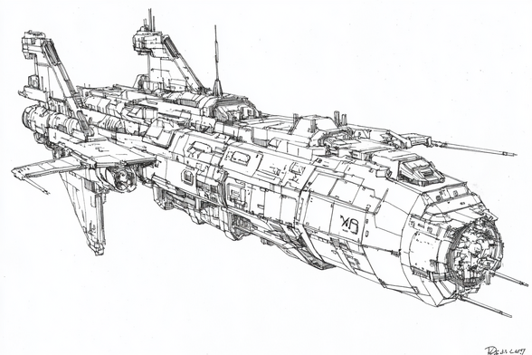 3/4 view of a large, long spaceship which looks rather efficient and menacing