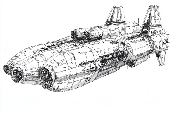 3/4 view of a rare triple-hulled, significantly asymmetric starship