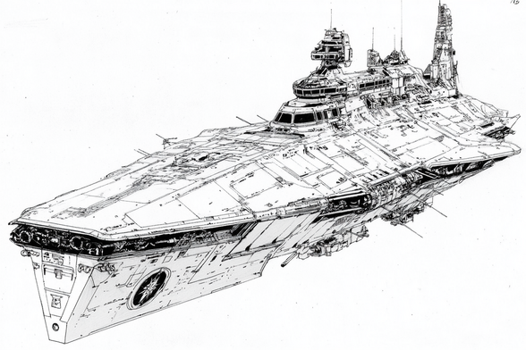 3/4 view of an almost nautical-looking starship with towers, masts, and a keel