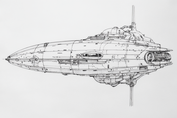 Side view of a teardrop or fish shaped spaceship