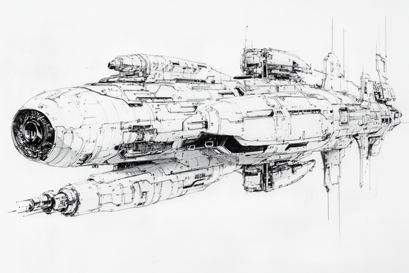 3/4 view of a complex but basically cylindrical spaceship bristling with antennae, weapons and other protrusions