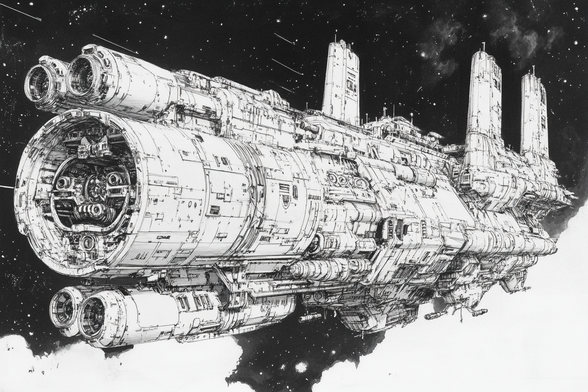 3/4 view of a huge spaceship ploughing through space
