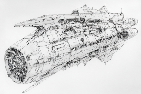 3/4 view of a large tubular spaceship reminiscent of a c1930 aircraft carrier