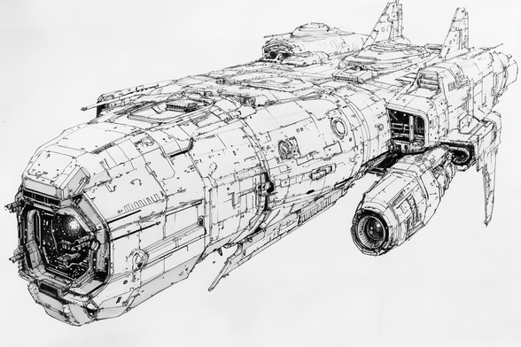 3/4 view of a large, militaristic looking spaceship