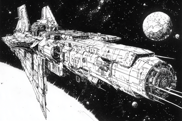 A vast starship in planetary orbit. It has two small fins on the rear top of the fuselage and one huge fin on the bottom