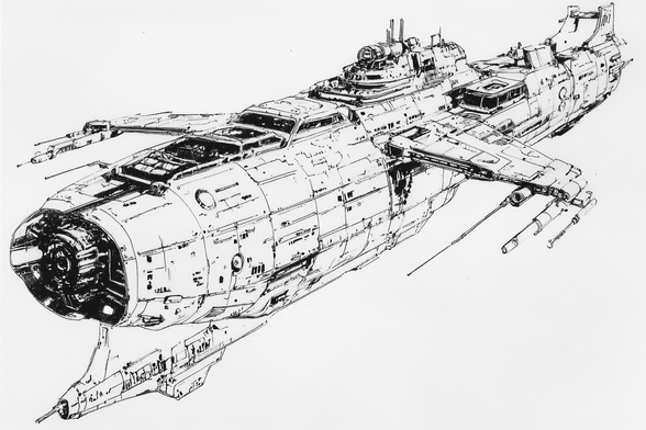 Black and white line drawing of a detailed science fiction spaceship with multiple layers and textured shading