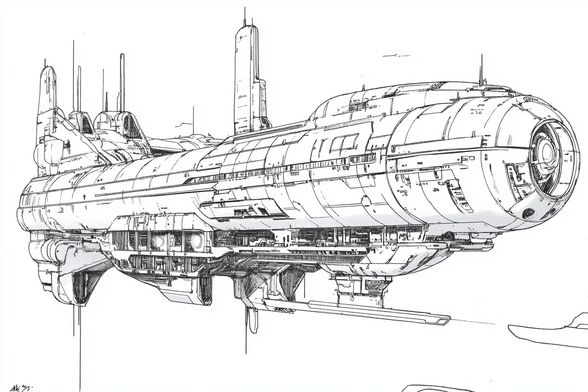 Pencil sketch of a detailed, large spaceship with various panels, antennas, and a prominent circular feature at one end, showcasing intricate design and industrial elements
