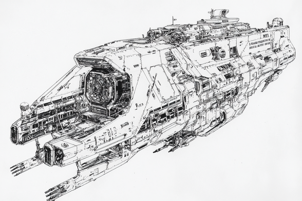 Black and white technical drawing of a detailed, futuristic spacecraft with visible internal compartments and mechanical features, decorated with fictional symbols and labeling