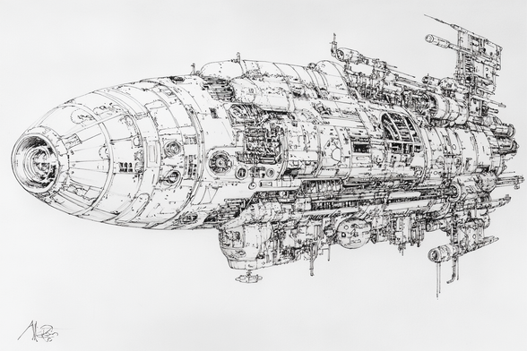Detailed black-and-white sketch of a complex, futuristic spacecraft with intricate mechanical details, including pipes, panels, and antennas