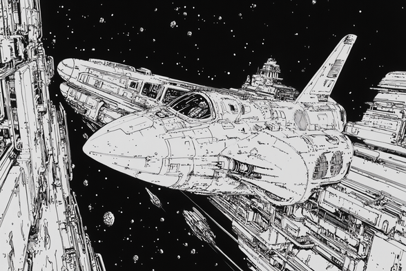 Black and white illustration of a shuttle-like spacecraft flying closely past a large, detailed space station, with stars and floating debris dotting the background of outer space.