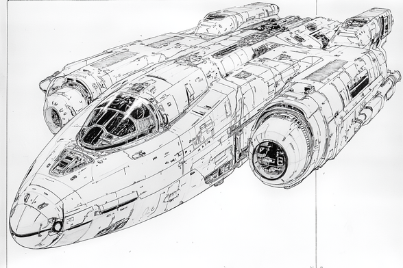 Black and white detailed sketch of a futuristic spaceship with segmented panels, large engines, and a domed cockpit.