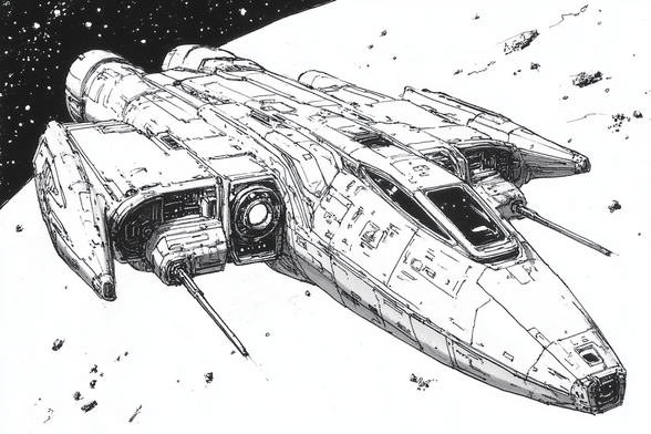 Black and white sketch of a detailed science fiction spaceship in space flying over a planet or moon.