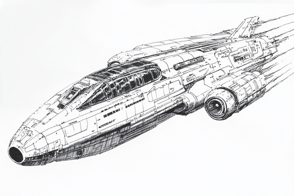 A detailed black and white drawing of a futuristic spacecraft in motion, showing a transparent cockpit and intricate design details.