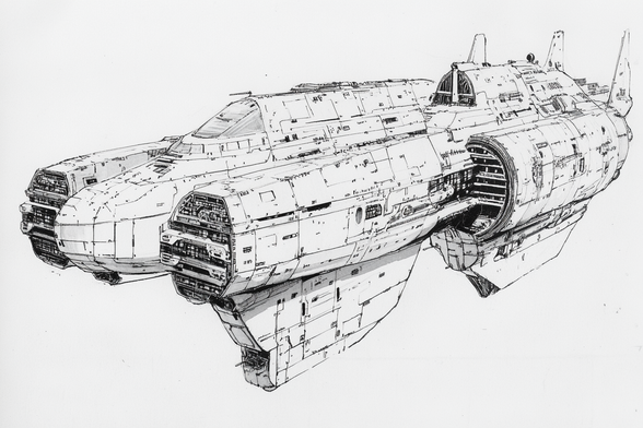 Black and white drawing of a detailed, textured science fiction spaceship with prominent engines and various technical details.