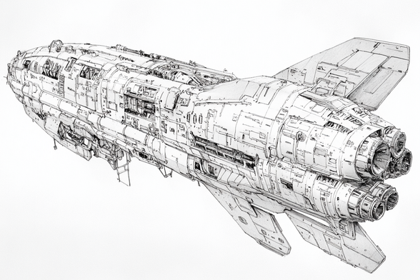 Detailed black and white line art of a complex, futuristic spaceship with intricate hull details and five prominent engines at the rear, viewed from behind and slightly above.