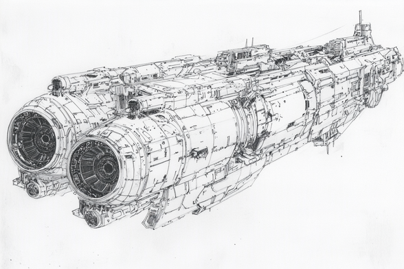 Detailed black and white drawing of a concept spacecraft with large engines at the front and an intricate design of panels and mechanical elements.