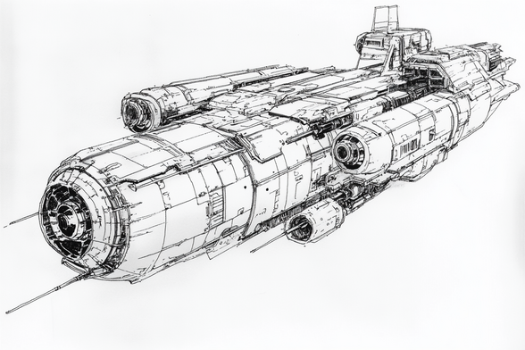 Black and white sketch of a highly detailed cylindrical science fiction spaceship with large engines and a command bridge, rendered in a linear, technical drawing style.