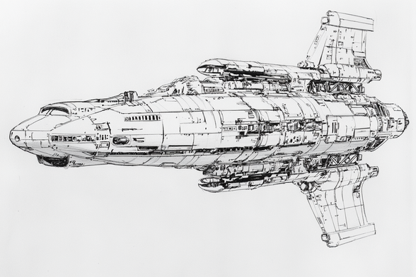 Detailed sketch of a complex, futuristic spacecraft with prominent engines and fins, depicted in black and white.